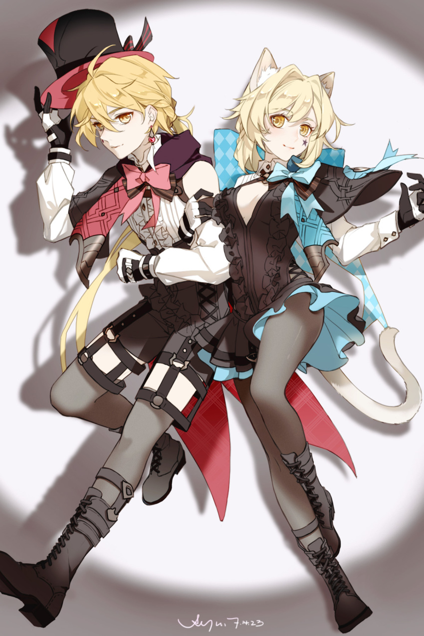 1boy 1girl aether_(genshin_impact) animal_ears black_capelet black_footwear black_headwear black_pantyhose black_skirt black_thighhighs blonde_hair blue_bow boots bow breasts capelet cat_ears cat_girl cat_tail cleavage closed_eyes commentary_request cosplay cross-laced_footwear facial_tattoo frills full_body genshin_impact hand_up hat highres huge_bow knee_boots ljayu long_hair long_sleeves looking_at_viewer lumine_(genshin_impact) lynette_(genshin_impact) lyney_(genshin_impact) medium_breasts pantyhose red_bow short_hair signature skirt smile tail tattoo thighhighs top_hat two-tone_gloves