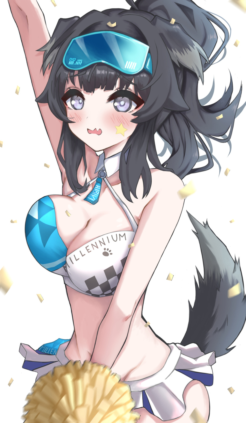 1girl absurdres animal_ears arm_up bare_shoulders black_hair blue_archive blush bra breasts cheerleader collar collarbone confetti criss-cross_halter dog_ears dog_girl dog_tail ears_down facial_mark fang goggles goggles_on_head halterneck hibiki_(blue_archive) hibiki_(cheer_squad)_(blue_archive) highres long_hair medium_breasts millennium_cheerleader_outfit_(blue_archive) miniskirt multicolored_bra multicolored_clothes multicolored_skirt nyu-tan94 official_alternate_costume open_mouth paw_print pleated_skirt pom_pom_(cheerleading) purple_eyes skin_fang skirt solo sports_bra star_(symbol) star_facial_mark tail underwear white_collar