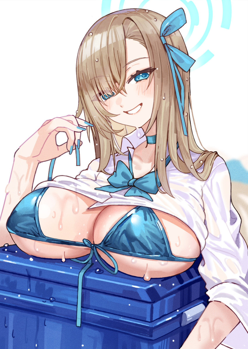 1girl asuna_(blue_archive) bikini blue_archive blue_bikini blue_bow blue_bowtie blue_choker blue_eyes blue_nails bow bowtie breast_rest breasts brown_hair choker commentary_request fingernails hair_ribbon highres large_breasts long_hair nail_polish ribbon ryuuno6 school_uniform shirt smile swimsuit wet wet_clothes wet_hair wet_shirt