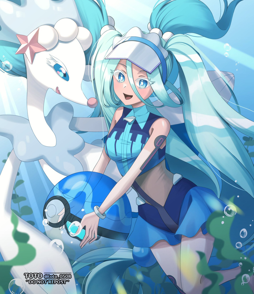 1girl :d air_bubble ball beachball blue_eyes bracelet bright_pupils bubble colored_eyelashes commentary_request green_hair hair_rings happy hatsune_miku highres holding jewelry long_hair looking_at_viewer open_mouth pokemon pokemon_(creature) ponytail primarina project_voltage smile swimsuit tongue toto05_08 twintails underwater visor_cap vocaloid watermark white_pupils zipper_pull_tab