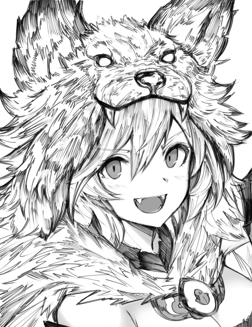 1girl berserker_(granblue_fantasy) breasts detached_collar djeeta_(granblue_fantasy) fangs granblue_fantasy greyscale highres hood hood_up long_hair looking_at_viewer monochrome monogrbl open_mouth pelt portrait small_breasts smile solo very_long_hair wolf_hat