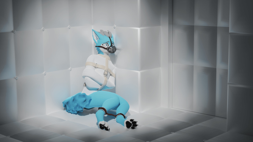 anthro canid canine canis cuff_(restraint) domestic_dog freezienator hi_res husky leather_cuffs male male/male mammal muzzle_(object) muzzled nordic_sled_dog padded_room restrained restraints sitting sitting_on_ground solo spitz story_at_source straitjacket thiritin