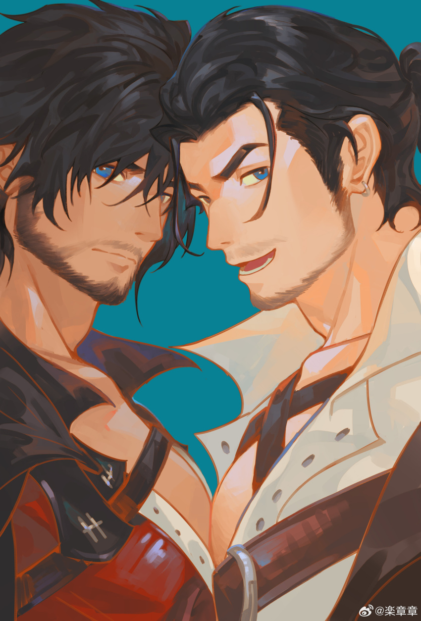 2boys absurdres adventurer_(ff14) bara beard_stubble black_hair blue_eyes brown_hair chinstrap_beard clive_rosfield dark-skinned_male dark_skin facial_hair final_fantasy final_fantasy_xiv_dawntrail final_fantasy_xvi from_side highres hyur large_pectorals le_zhang_zhang leather_vest looking_at_viewer male_focus mature_male multiple_boys muscular muscular_male mustache_stubble pectoral_docking pectoral_press pectorals red_robe robe scar scar_on_face shirt short_hair smile stubble thick_eyebrows upper_body warrior_of_light_(ff14)
