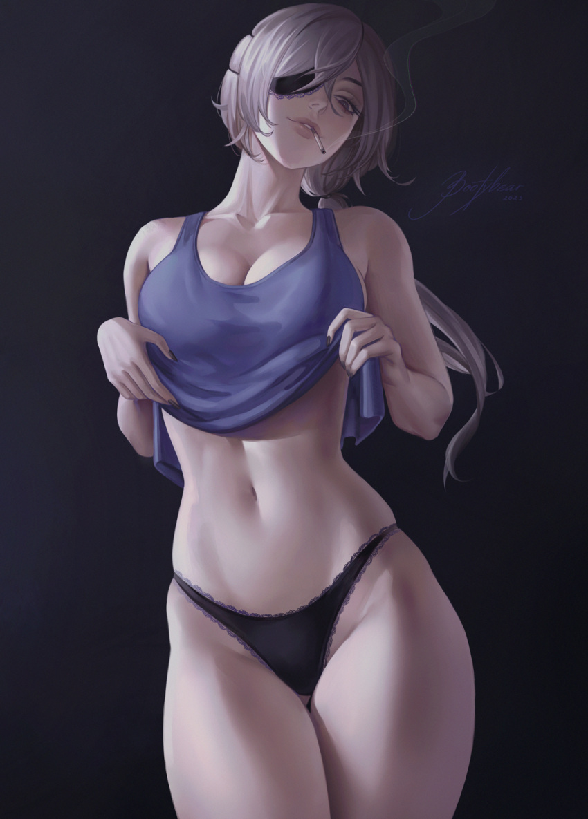 1girl ass_visible_through_thighs black_panties bootybear breasts chainsaw_man clothes_lift cowboy_shot eyepatch grey_hair highres large_breasts lifted_by_self lips long_hair looking_at_viewer mouth_hold navel panties ponytail quanxi_(chainsaw_man) shirt_lift signature smoking solo tank_top underwear