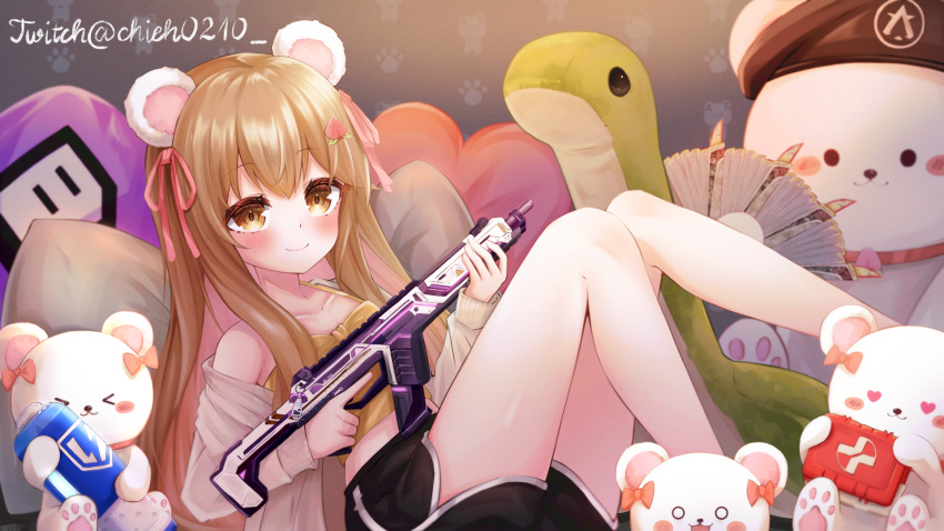 1girl animal_ears animification apex_legends arms_dealer_loba assault_rifle battery bear_ears beret black_headwear black_shorts blush brown_camisole brown_hair camisole chieh0210 collarbone colored_inner_hair commission fake_animal_ears first_aid_kit flat_chest garra_de_alanza gun gym_shorts hair_ribbon hat heart heart_pillow highres holding holding_gun holding_weapon lightning_bolt_symbol loba_(apex_legends) long_hair multicolored_hair nessie_(respawn) paw_print pillow pink_hair pink_ribbon r-301_carbine real_life ribbon rifle shorts smile solo stuffed_animal stuffed_toy teddy_bear twitch.tv twitter_username very_long_hair weapon yang1413