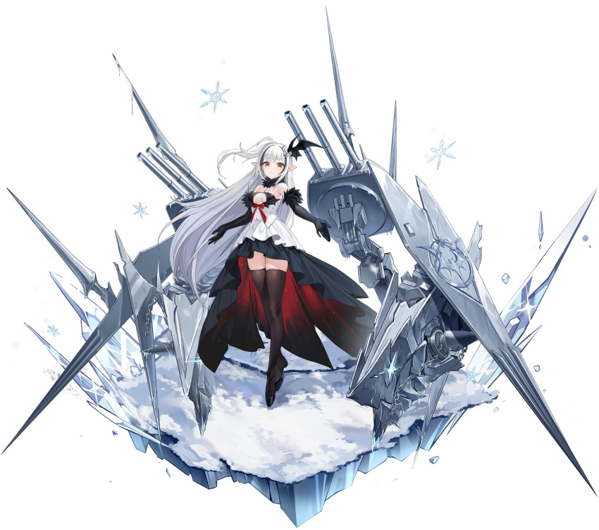 1girl absurdres azur_lane bat_wings black_dress black_gloves black_hair black_thighhighs breasts cannon center_opening collar dress elbow_gloves full_body fur-trimmed_collar fur-trimmed_gloves fur_trim gloves hair_ornament high_heels highres layered_dress long_hair medium_breasts multicolored_hair non-web_source official_art pointy_ears ponytail red_eyes red_ribbon ribbon rigging sevastopol_(azur_lane) side_ponytail smile snow snowflakes solo streaked_hair thighhighs turret very_long_hair white_dress white_hair wing_hair_ornament wings zettai_ryouiki