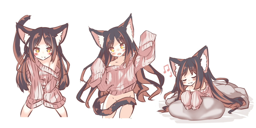 &gt;:) 1girl animal_ear_fluff animal_ears bare_shoulders beamed_eighth_notes black_hair bottomless brown_eyes brown_hair brown_sweater cat_ears cat_girl cat_tail closed_mouth collarbone cropped_legs daidai_ookami fang fang_out groin leaning_forward long_hair long_sleeves multicolored_hair multiple_views musical_note off-shoulder_sweater off_shoulder open_mouth original quarter_note ribbed_sweater shadow sleeves_past_fingers sleeves_past_wrists smile standing sweater tail tail_censor two-tone_hair v-shaped_eyebrows very_long_hair white_background