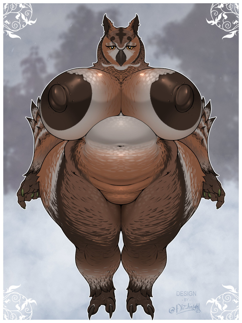 3:4 absurd_res anthro areola avian beak belly big_areola big_breasts big_nipples bird breasts claws dark_areola dark_nipples dizzyknight feathers featureless_crotch feet female hi_res huge_areola huge_breasts huge_hips huge_nipples huge_thighs montgomery_glands multicolored_body multicolored_feathers navel nipples overweight overweight_anthro overweight_female owl solo talons thick_nipples thick_thighs toes