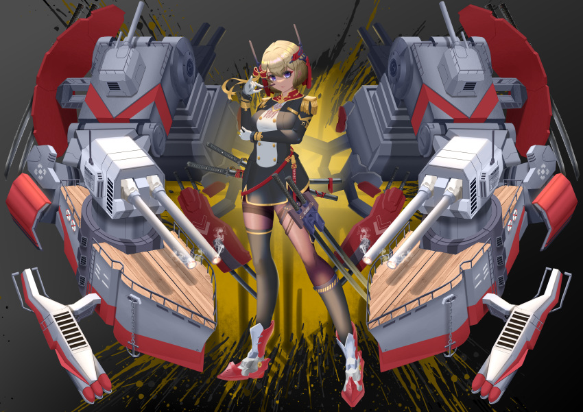 1girl absurdres alternate_costume armored_boots artknight045 asymmetrical_legwear azur_lane black_socks black_thighhighs boots breasts brown_pantyhose buttons double-breasted epaulettes gloves grey_background headgear highres iron_blood_(emblem) long_sleeves looking_at_viewer mecha_musume medium_breasts pantyhose purple_eyes socks solo thighhighs torpedo_tubes turret two-tone_background white_gloves yellow_background z23_(azur_lane)
