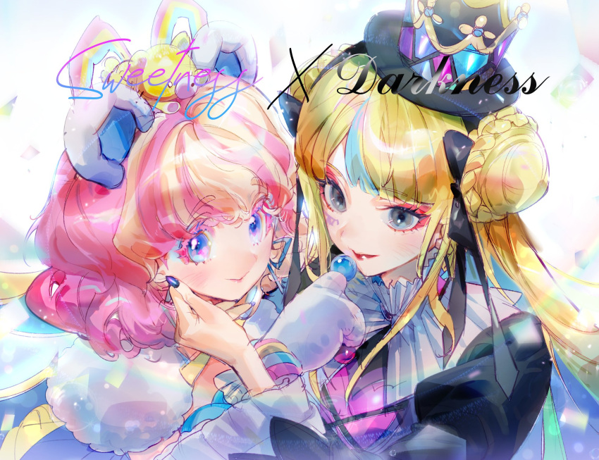 2girls amauri_miruki amauri_miruki_(primagista) animal_ears animal_hands bear_ears bear_hair_ornament black_dress black_hairband black_ribbon blonde_hair blue_eyes blue_eyeshadow blue_nails blunt_bangs braid braided_bun chiltaku closed_mouth colored_eyelashes colored_inner_hair commentary_request curly_hair double_bun dress eyeshadow facial_mark fake_animal_ears fur_trim gloves gothic_lolita grey_eyes hair_bun hair_ornament hair_ribbon hairband hand_on_another's_cheek hand_on_another's_face hand_up highres idol_clothes juliet_sleeves kokoa_remon kokoa_remon_(primagista) lolita_fashion long_hair long_sleeves looking_at_viewer makeup multicolored_hair multiple_girls nail_polish paw_gloves pink_hair pretty_series puffy_short_sleeves puffy_sleeves red_eyeshadow red_lips ribbon short_hair short_sleeves sidelocks smile stained_glass_print streaked_hair two-tone_hair upper_body waccha_primagi! white_gloves wide_sleeves