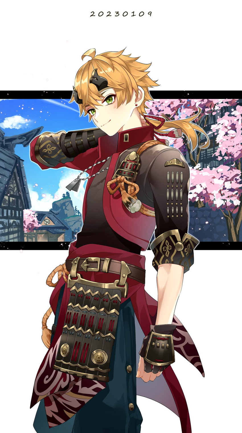 1boy armor black_gloves black_headband blonde_hair blush building cha_hanare cherry_blossoms closed_mouth cloud dated dog_tags ear_piercing fingerless_gloves genshin_impact gloves green_eyes hair_between_eyes headband highres japanese_armor japanese_clothes male_focus outdoors petals piercing ponytail sky solo tassel thoma_(genshin_impact) tree
