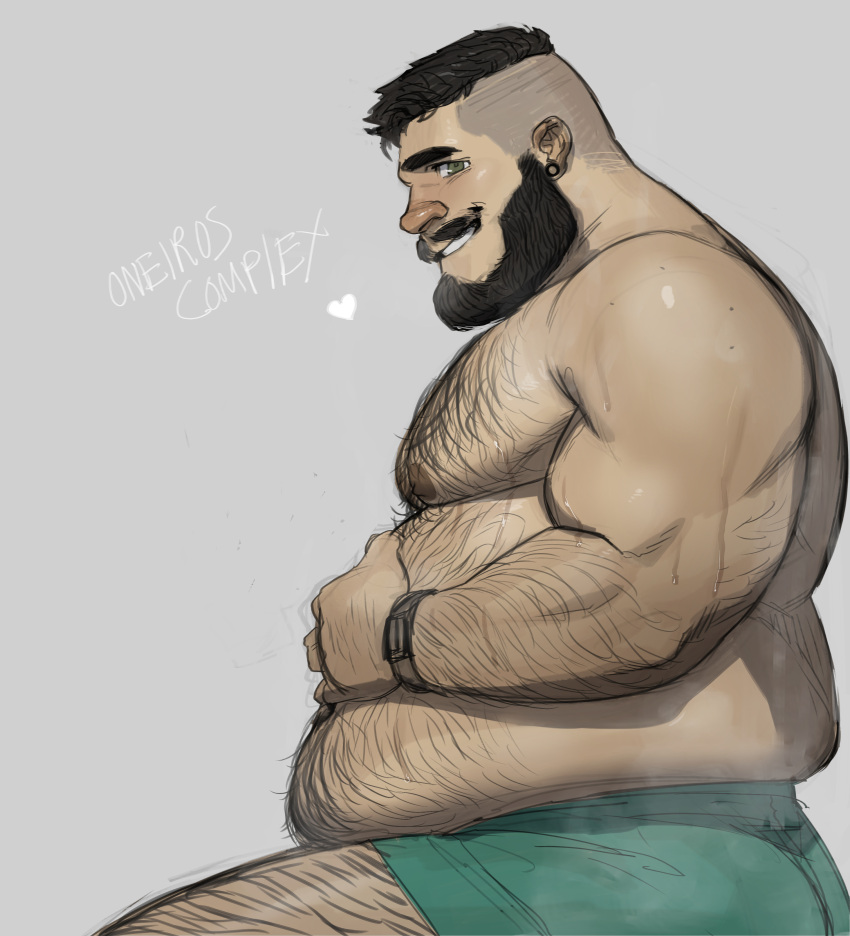 1boy absurdres arm_hair ass bara beard big_belly boxers chest_hair ear_piercing eli_(philipposole) facial_hair feeling_body_hair from_side green_male_underwear grin hairy hand_on_own_stomach heart highres large_pectorals leg_hair looking_at_viewer looking_to_the_side male_focus male_underwear mature_male muscular muscular_male navel_hair original pectorals philipposole piercing plump seductive_smile short_hair smile solo steaming_body sweat thick_eyebrows thick_mustache undercut underwear very_sweaty