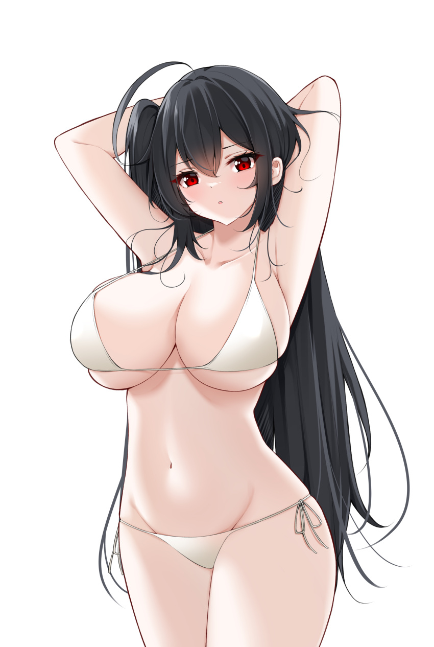 1girl :o absurdres ahoge armpits arms_up azur_lane bikini black_hair breasts catnnn collarbone highres large_breasts long_hair looking_at_viewer navel one_side_up parted_lips red_eyes side-tie_bikini_bottom simple_background solo stomach strap_gap swimsuit taihou_(azur_lane) taihou_(seaside_daydreams)_(azur_lane) very_long_hair white_background white_bikini