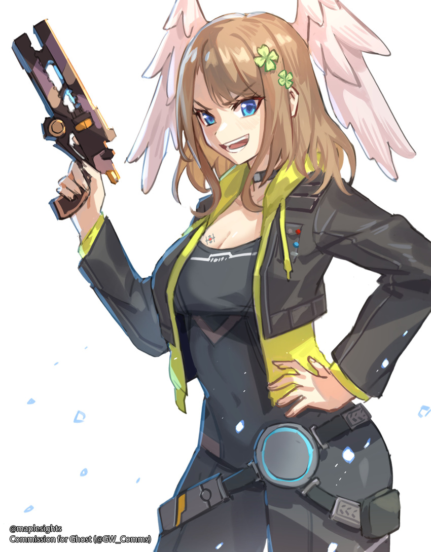 :d absurdres artist_name black_bodysuit black_jacket bodysuit breasts brown_hair cleavage clover_hair_ornament commentary commission covered_navel cowboy_shot cropped_jacket drawstring english_commentary eunie_(xenoblade) feathered_wings four-leaf_clover_hair_ornament gun hair_ornament hand_on_own_hip head_wings highres holding holding_gun holding_weapon hood hood_down hooded_jacket jacket maplesights medium_breasts open_clothes open_jacket smile solo watermark weapon white_background white_wings wings xenoblade_chronicles_(series) xenoblade_chronicles_3 yellow_jacket