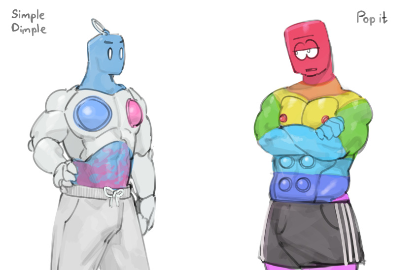 absurd_res animate_inanimate bald barazoku bottomwear bulge clothed clothing crossed_arms duo hi_res humanoid kogito lidded_eyes male mouthless multicolored_body nipples not_furry pecs pop_it rainbow_body shorts simple_dimple topless topless_male