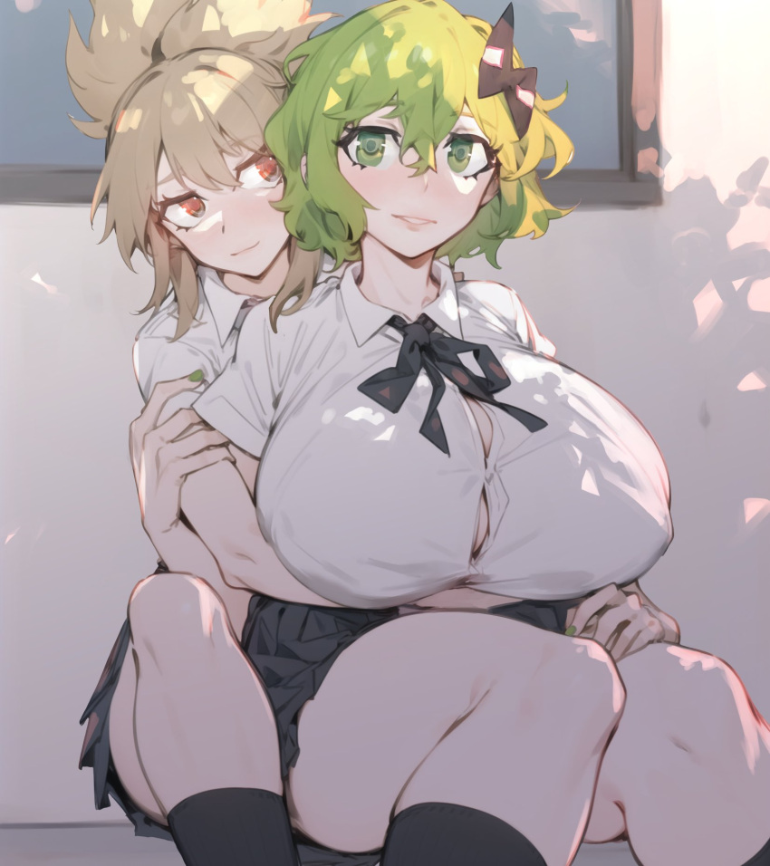 2girls alternate_costume bow breasts couple green_eyes green_hair hair_bow highres huge_breasts light_brown_hair multiple_girls neck_ribbon pointy_hair ribbon school_uniform senmura shirt short_hair soga_no_tojiko touhou toyosatomimi_no_miko undersized_clothes white_shirt yellow_eyes