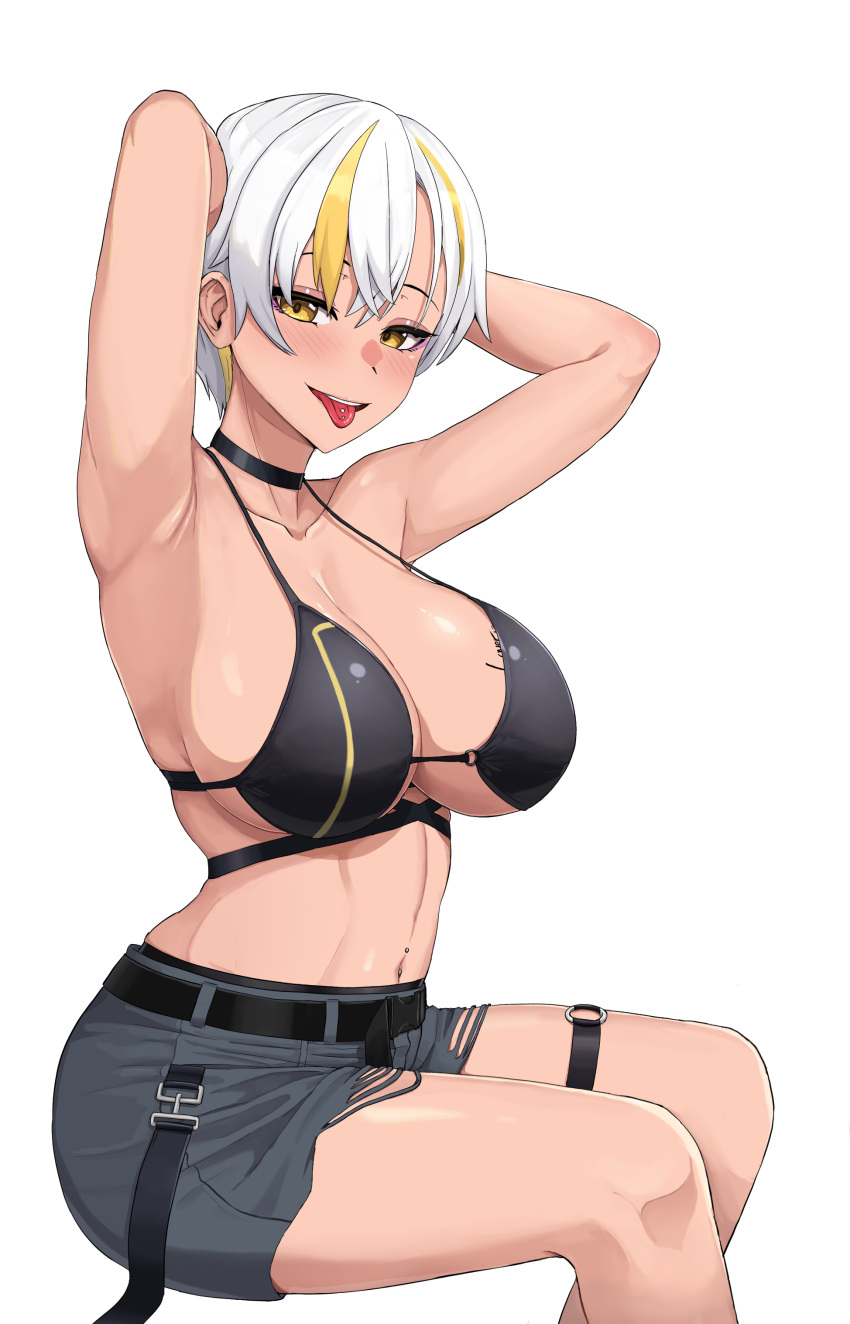 1girl :d absurdres armpits arms_behind_head belt bikini black_bikini blonde_hair blush breasts choker highres kuon_bb looking_at_viewer luvdia multicolored_hair navel park_dona piercing shorts simple_background sitting smile solo streaked_hair swimsuit teeth thigh_strap tongue tongue_out tongue_piercing two-tone_hair virtual_youtuber white_background white_hair