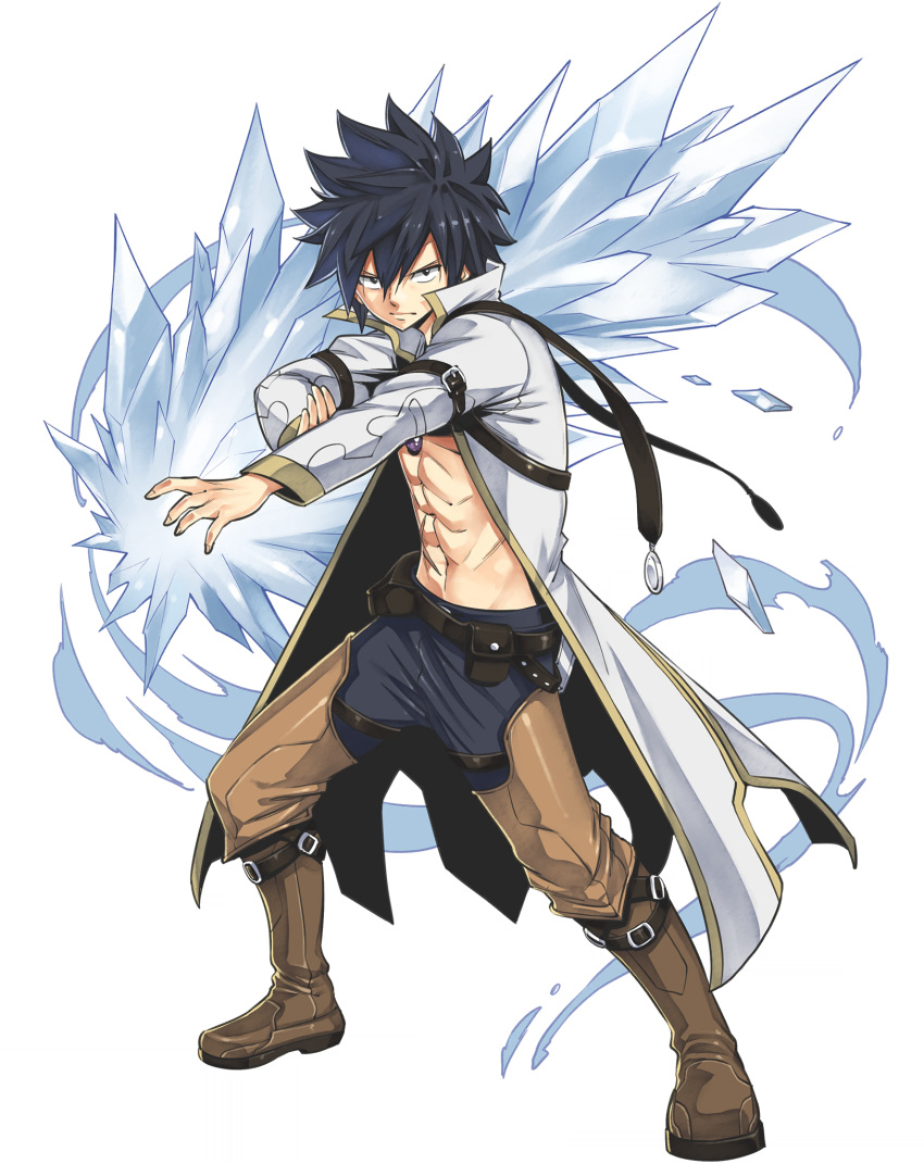 abs belt black_hair blue_pants boots brown_belt brown_footwear brown_pants crossover fairy_tail full_body gate_of_nightmares gray_fullbuster highres ice jacket looking_at_viewer magic mashima_hiro official_art open_clothes open_jacket pants short_hair solo spiked_hair transparent_background white_jacket