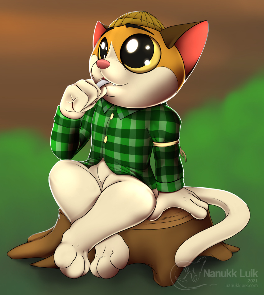 anthro blissful bottomless cheerful clothed clothing domestic_cat eating felid feline felis female hi_res mammal nanukkluik pattern_clothing pattern_shirt pattern_topwear plaid plaid_clothing plaid_shirt plaid_topwear shirt shoelace_mccutty solo timbercats topwear wide_eyed