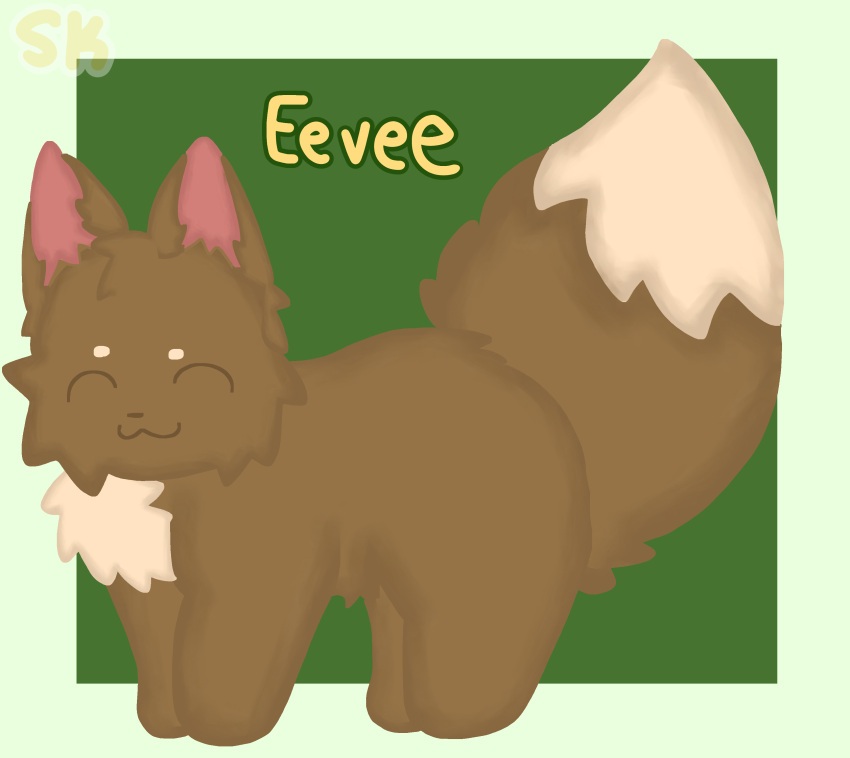 absurd_res ambiguous_gender brown_body brown_fur eevee feral fluffy fluffy_tail fur generation_1_pokemon green_background happy head_tuft hi_res long_ears nintendo pokemon pokemon_(species) silly simple_background small_nose solo sug4rk1tzz tail tuft