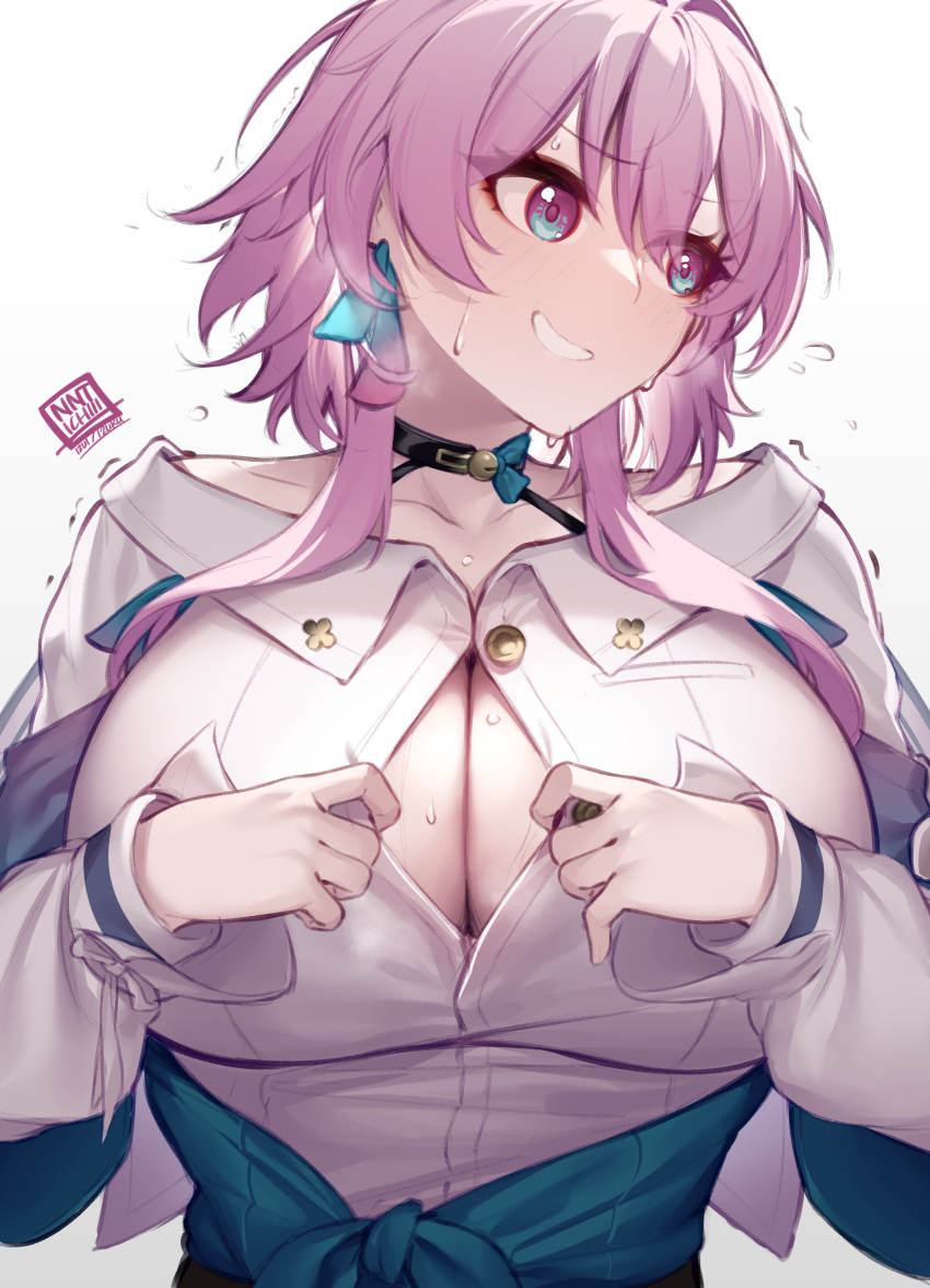 1girl absurdres blush breasts button_gap cleavage flower_ornament gradient_eyes highres honkai:_star_rail honkai_(series) izulizuru large_breasts march_7th_(honkai:_star_rail) mihoyo multicolored_eyes paizuri_invitation pink_hair shirt solo two-tone_eyes unbuttoned unbuttoned_shirt upper_body white_shirt