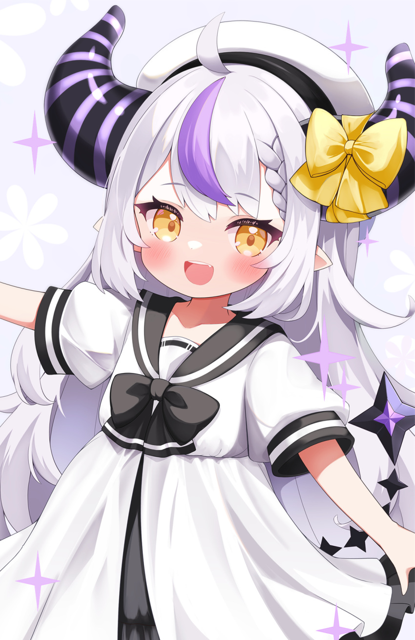 1girl :d aged_down beret blush braid cocozasa commentary_request hat highres hololive horns la+_darknesss long_hair looking_at_viewer multicolored_hair pointy_ears purple_hair school_uniform serafuku smile solo streaked_hair tail two-tone_hair very_long_hair virtual_youtuber white_hair yellow_eyes