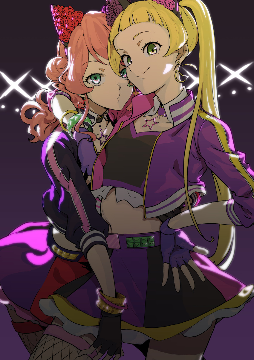2girls absurdres after_(artist) aikatsu! aikatsu!_(series) aikatsu_friends! animal_ears arm_around_shoulder arm_around_waist arms_around_neck bangle belt black_background black_choker black_gloves black_hairband black_jacket blonde_hair blunt_bangs bracelet cat_ear_hairband cat_ears choker chouno_maika closed_mouth collarbone cowboy_shot crop_top cropped_jacket detached_collar earrings fake_animal_ears fingerless_gloves fishnet_thighhighs fishnets flower frilled_skirt frills gloves gradient_background green_eyes hair_bun hair_flower hair_ornament hairband hand_on_another's_hip hand_on_hip heart highres hinata_ema_(aikatsu_friends!) hug idol jacket jewelry long_hair long_sleeves looking_at_viewer midriff miniskirt multiple_girls navel necklace open_clothes open_jacket pink_hair pink_jacket puckered_lips purple_background purple_flower purple_gloves purple_jacket purple_rose purple_skirt red_flower red_rose red_skirt rose shirt simple_background single_thighhigh skirt smile sparkle standing star_(symbol) stomach thighhighs twintails wavy_hair