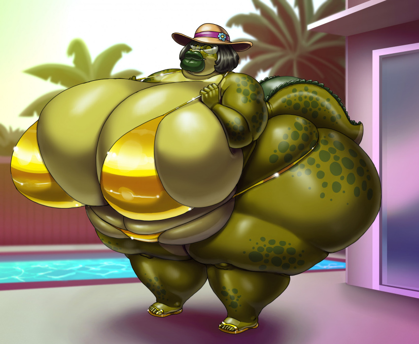 anthro big_breasts big_butt bikini breasts butt clothing crocodile crocodilian crocodylid eyes_closed eyewear female footwear glasses green_body green_hair gustine_(vdisco) hair hat headgear headwear hi_res huge_breasts huge_butt huge_hips huge_lips huge_thighs hyper hyper_breasts hyper_butt hyper_hips hyper_thighs lips non-mammal_breasts reptile sandals scalie solo sun_hat swimwear thick_lips thick_thighs vdisco wide_hips