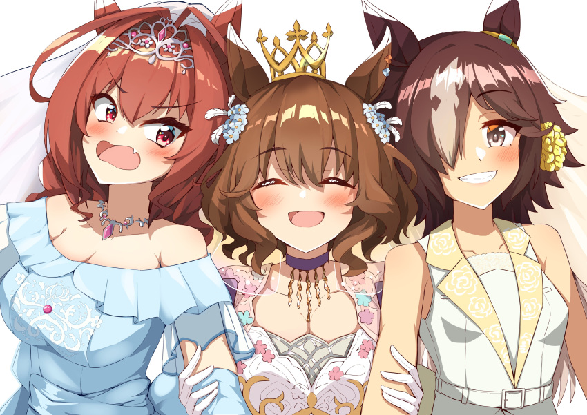 3girls :d ^_^ absurdres an_oath_to_my_dear_challengers_(umamusume) animal_ears antenna_hair aston_machan_(haute_couture_memory)_(umamusume) aston_machan_(umamusume) bare_shoulders blue_dress blue_flower blush breasts brown_hair cleavage closed_eyes commentary_request crown daiwa_scarlet_(something_blue)_(umamusume) daiwa_scarlet_(umamusume) dress fang flower grey_hair grin hair_between_eyes hair_flower hair_intakes hair_ornament highres horse_ears kotatudogs large_breasts long_hair mini_crown multicolored_hair multiple_girls off-shoulder_dress off_shoulder open_mouth red_eyes simple_background smile streaked_hair tiara umamusume upper_body v-shaped_eyebrows veil vodka_(heart_ignition!!)_(umamusume) vodka_(umamusume) wavy_mouth wedding_dress white_background white_dress