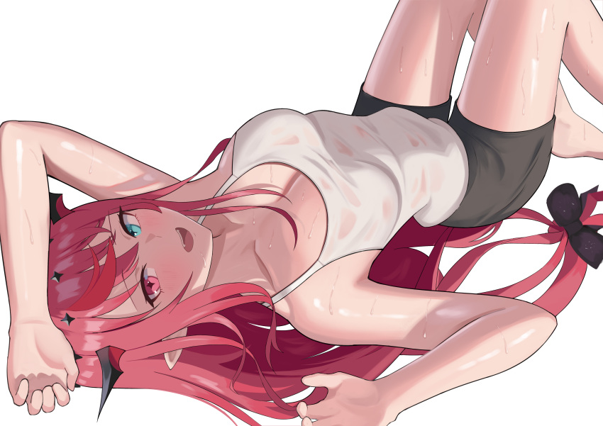 1girl absurdres arm_over_head barefoot bike_shorts blush bow breasts cleavage collarbone commentary fangs hair_bow heterochromia highres hololive hololive_english horns irys_(hololive) legs_up long_bangs long_hair looking_at_viewer lying medium_breasts on_back open_mouth pointy_ears red_hair see-through see-through_shirt shift_(shiftillust) shiny_skin simple_background star-shaped_pupils star_(symbol) sweat sweaty_clothes symbol-shaped_pupils tank_top virtual_youtuber white_background white_tank_top