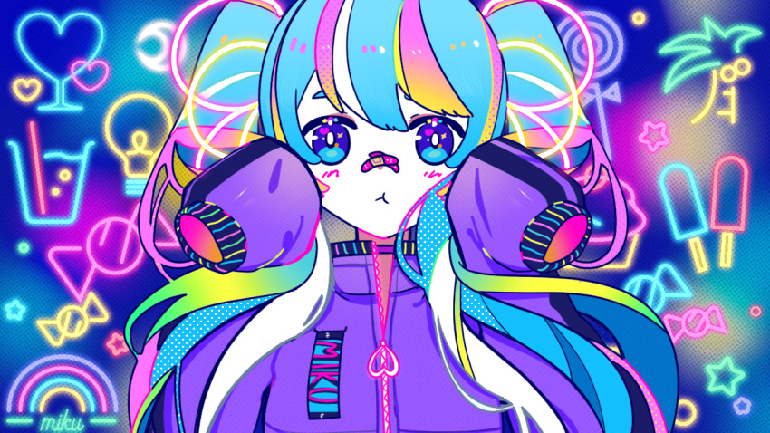 1girl alternate_costume bandaid bandaid_on_face bandaid_on_nose blue_eyes blue_hair character_name closed_mouth commentary_request crossed_bandaids halftone hands_up hatsune_miku high_collar jacket light_blue_hair long_hair long_sleeves looking_at_viewer machigami_yoh multicolored_hair neon_lights pout purple_jacket sleeves_past_fingers sleeves_past_wrists solo straight-on streaked_hair twintails upper_body vocaloid zipper zipper_pull_tab