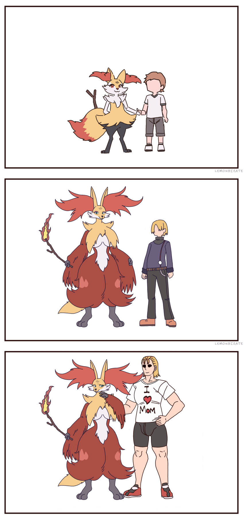 absurd_res age_progression biped blonde_hair bottomwear braixen clothing delphox female fur generation_6_pokemon hair hi_res human interspecies lemonbizate_(artist) looking_pleasured mammal nintendo orange_body orange_fur pokemon pokemon_(species) red_body red_fur shirt shorts size_difference standing topwear young