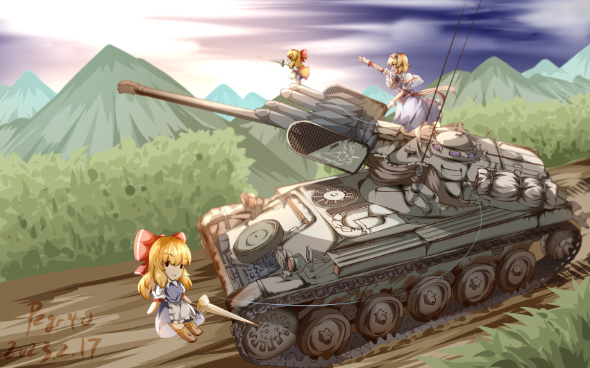 3girls absurdres alice_margatroid amx-13 blonde_hair blue_dress bow caterpillar_tracks chinese_commentary cloud commentary_request dated dress full_body gloves hair_bow highres holding holding_weapon military_vehicle motor_vehicle mountainous_horizon multiple_girls outdoors pointing pzgr.40 red_bow shanghai_doll signature tank touhou variant_set weapon wide_shot