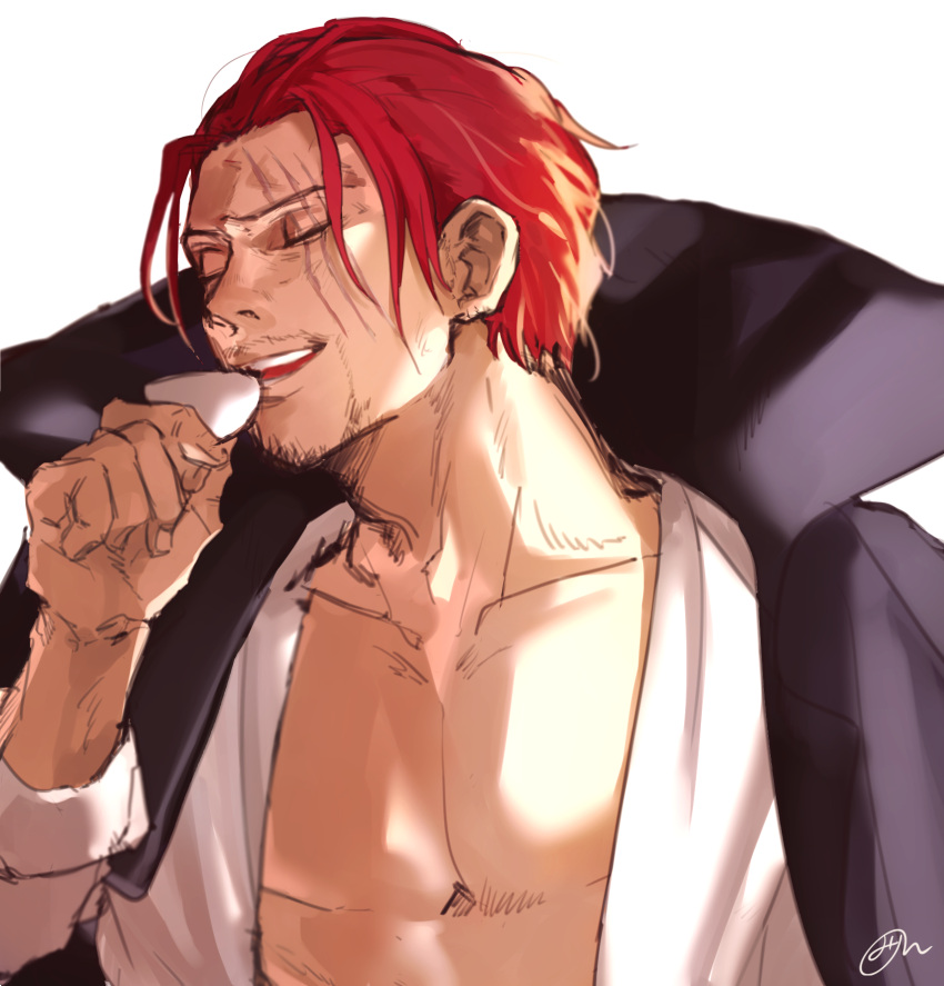 1boy adam's_apple bare_pectorals beard_stubble black_coat closed_eyes coat collarbone cup drinking high_collar highres holding holding_cup male_focus mature_male mirin_(coene65) no_nipples one_piece open_clothes open_shirt pectorals portgas_d._ace red_hair scar scar_across_eye shirt signature simple_background solo teeth upper_body white_background white_shirt