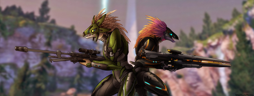 3_fingers akilae06 alien anthro armor avian back_to_back beak binary_rifle bipod blue_eyes brown_feather_hair cor_zan cuisse duo fangs feather_hair feathered_crest feathers female fingers glowing glowing_eyes green_armor grey_body grey_skin gun halo_(device) halo_(series) head_crest headgear helmet hi_res holding_gun holding_object holding_ranged_weapon holding_rifle holding_weapon kig-yar microsoft mottled mottled_body mottled_feathers muzzle_brake outside pink_feather_hair pseudo_hair ranged_weapon red_body red_skin rifle scalie scope screencap screencap_background sniper_rifle spaulder t'vaoan tan_body tan_skin teeth tongue vambraces weapon xbox_game_studios yellow_eyes