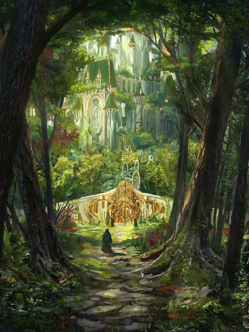 absurdres architecture castle critical_role dappled_sunlight day english_commentary fantasy flower forest gate grass highres idrawbagman moss nature outdoors people plant scenery spire stairs stone_walkway sunlight tower tree walking