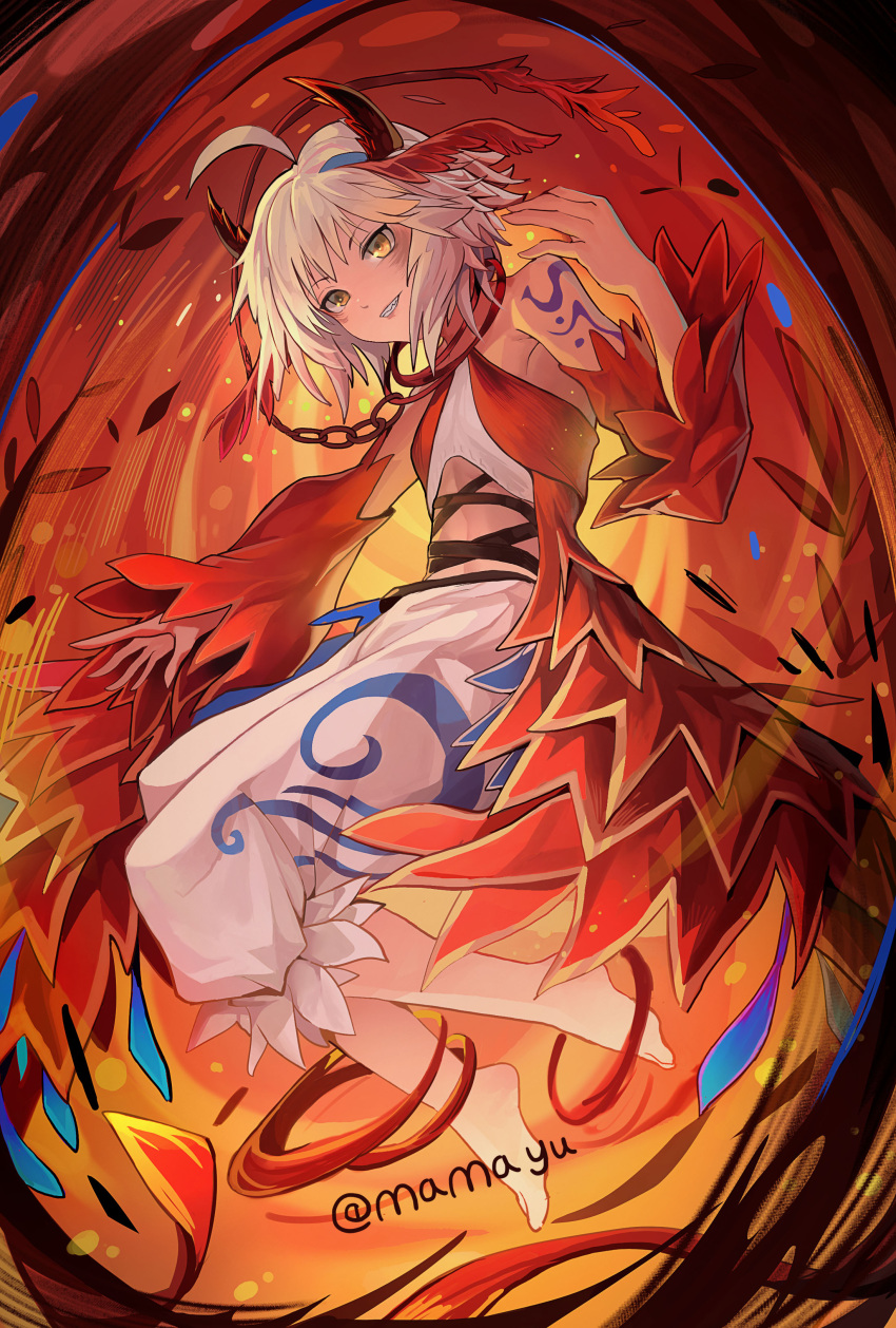 1girl absurdres arthropod_girl bare_shoulders barefoot brown_eyes detached_sleeves duel_monster full_body grey_hair hair_ornament hand_up highres horns mamayu midriff monster_girl navel puffy_pants short_hair shoulder_tattoo smile solo tattoo traptrix_myrmeleo white_hair yu-gi-oh!