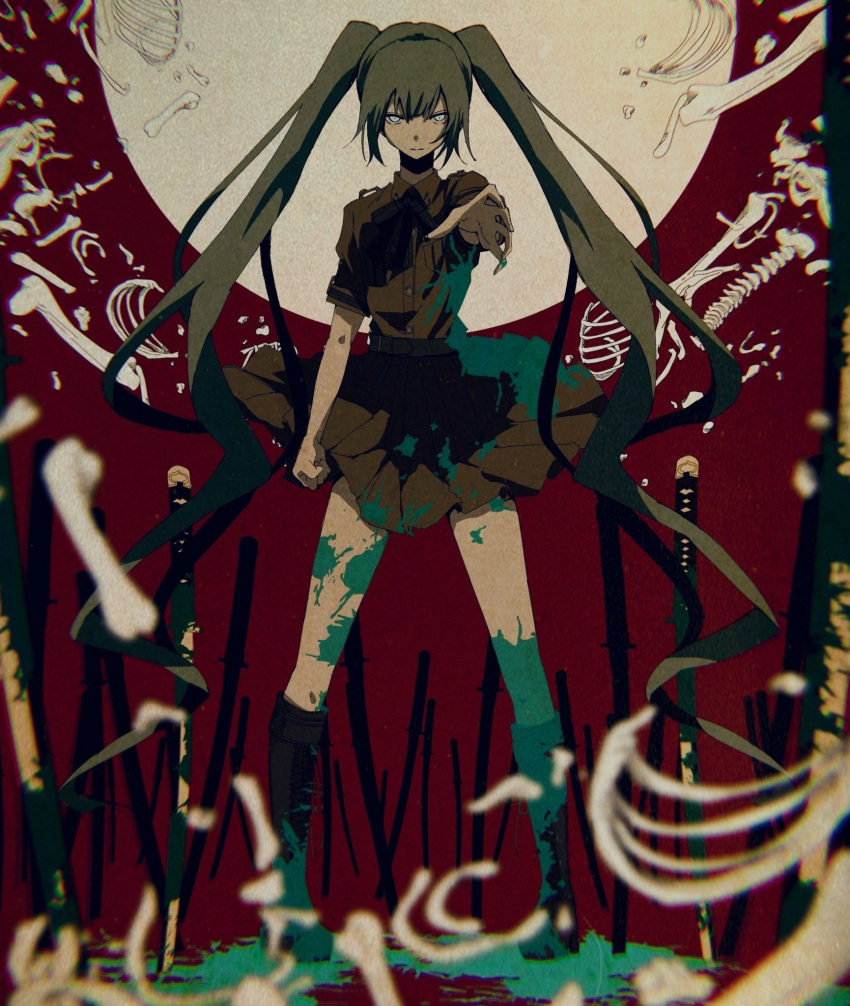 1girl aqua_blood aqua_hair blue_eyes blurry bone boots brown_shirt brown_skirt closed_mouth collared_shirt depth_of_field field_of_blades hatsune_miku highres long_hair looking_at_viewer miku_day multiple_swords outstretched_arm red_background serious shirt short_sleeves skirt solo standing sword twintails vocaloid washiya0 weapon