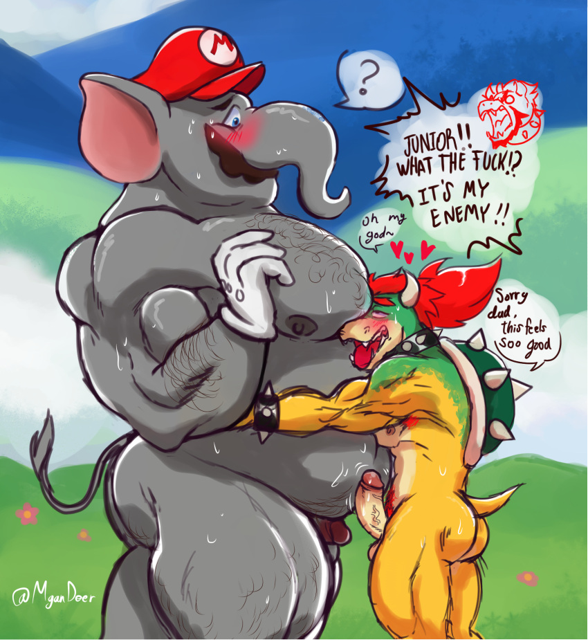 &lt;3 2023 angry anthro arm_hair barazoku big_biceps big_pecs biped black_mustache blue_eyes blush bodily_fluids body_hair bowser bowser_jr. bracelet butt_hair chest_hair clothing collar duo elephant elephant_mario elephantid embrace english_text erection face_on_chest flaccid genitals gloves green_head green_shell grey_nipples hair handwear happy_trail hat hat_only headgear headgear_only headwear headwear_only hi_res horn hug jewelry koopa leg_hair looking_pleasured male male/male mammal mario_bros morgandeer mostly_nude musclegut narrowed_eyes nervous_sweat nintendo nipples non-mammal_nipples nude offscreen_character pecs penis pink_inner_ear pointy_speech_bubble ponytail proboscidean proboscis_(anatomy) profanity pubes question_mark red_cap red_hair red_pubes scales scalie shell shy signature size_difference small_penis smile speech_bubble spiked_bracelet spiked_collar spiked_shell spikes spikes_(anatomy) standing super_mario_bros_wonder sweat text tongue tongue_out trunk_(anatomy) white_clothing white_gloves white_handwear yellow_body yellow_scales