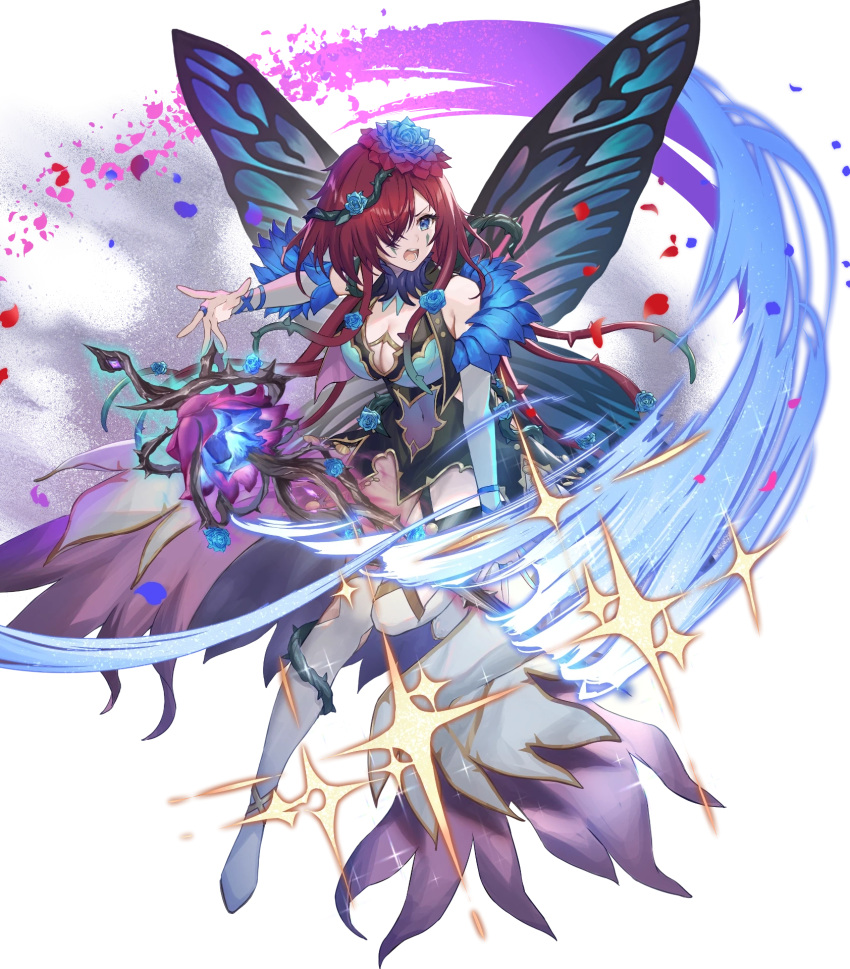 1girl blue_eyes boots breasts brown_hair butterfly_wings fairy fairy_wings fire_emblem fire_emblem_heroes flower full_body hair_flower hair_ornament haru_(hiyori-kohal) highres medium_breasts non-web_source official_alternate_costume official_art thigh_boots thighhighs transparent_background triandra_(fire_emblem) white_thighhighs wings