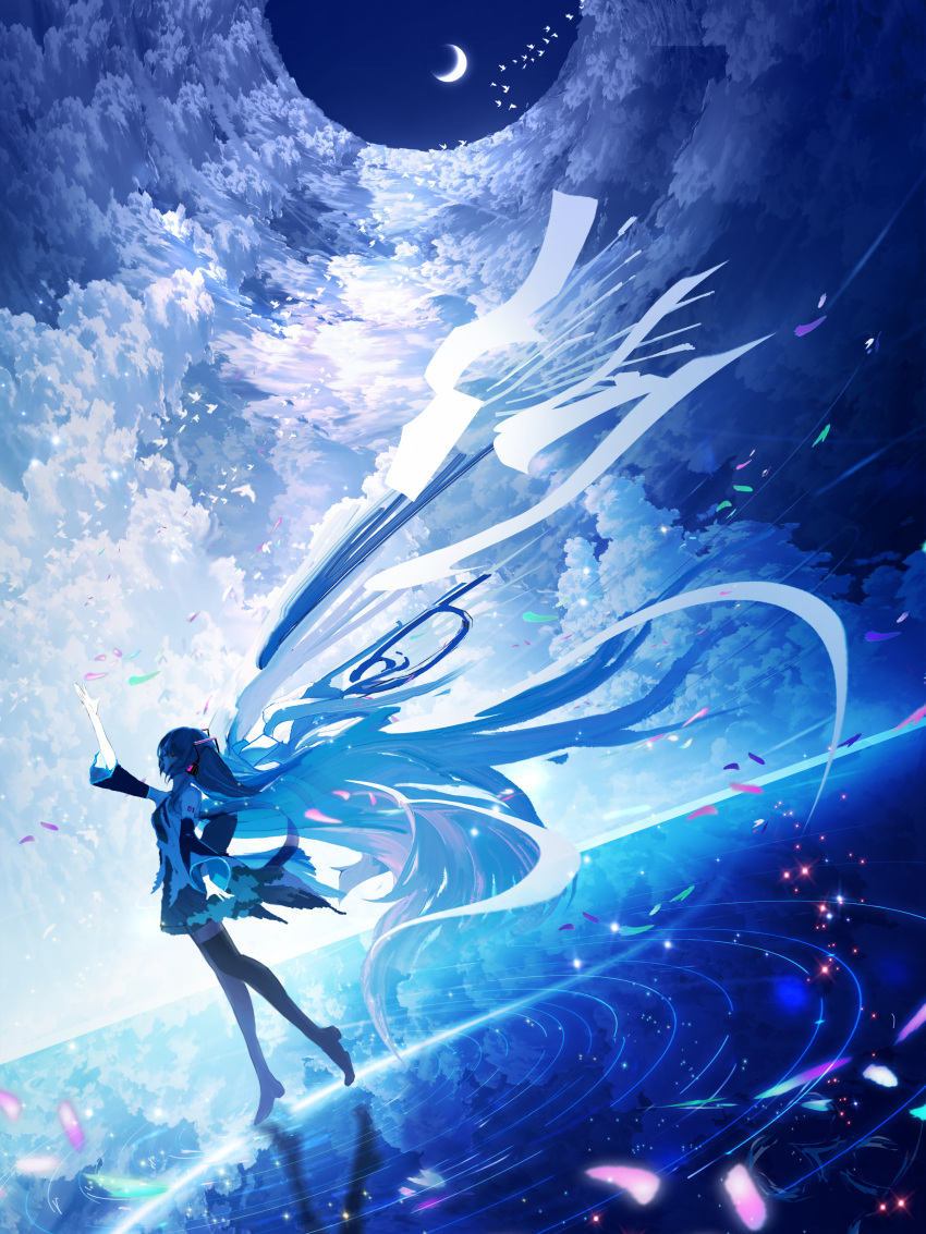 1girl absurdly_long_hair absurdres arm_tattoo boots cloud crescent_moon detached_sleeves dutch_angle floating_hair flock hand_up hatsune_miku highres long_hair makoron117117 miku_day moon pleated_skirt scenery skirt sky solo standing standing_on_liquid tattoo thigh_boots twintails very_long_hair vocaloid wide_sleeves