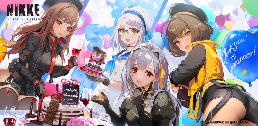 4girls absurdres anis_(nikke) balloon beret black_gloves black_headwear black_jacket black_leotard black_thighhighs blue_neckerchief breasts brown_hair cake collared_leotard cropped_jacket fingerless_gloves food glasses gloves goddess_of_victory:_nikke green_eyes grey_shirt hat highres holding holding_cake holding_food jacket large_breasts leotard light_blush long_hair modernia_(nikke) multiple_girls neckerchief necktie neon_(nikke) official_art orange_eyes rapi_(nikke) red_eyes red_necktie ribbon sailor shirt short_hair thighhighs two-tone_gloves white_hair white_headwear yellow_ribbon