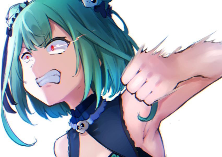 1girl absurdres angry armpits clenched_teeth constricted_pupils detached_collar double_bun dress fighting_stance green_dress green_hair hair_bun hair_ornament highres hololive motion_blur punching red_eyes short_hair simple_background skull_collar skull_hair_ornament solo teeth tomotomo_(awai) uruha_rushia uruha_rushia_(1st_costume) virtual_youtuber white_background