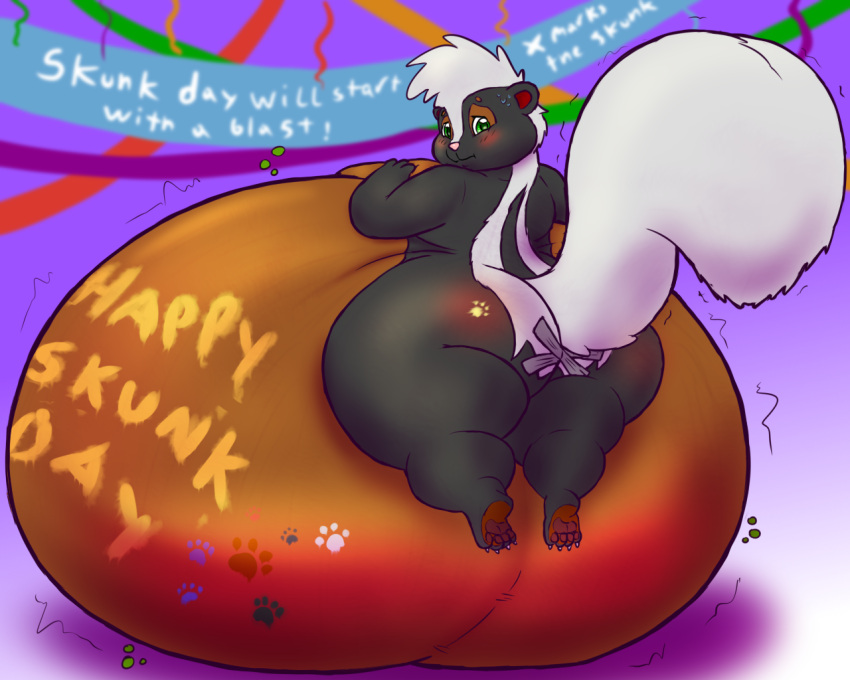 alvro anthro belly belly_expansion big_belly big_butt black_body bloated blocked_fart blush brown_body butt celebration expansion fart_denial footprint huge_butt hyper hyper_belly immobile male mammal mephitid nervous paint pawprint pawprint_marking rumbling_stomach skunk skunny_(alvro) solo swelling tail tape thick_thighs white_tail