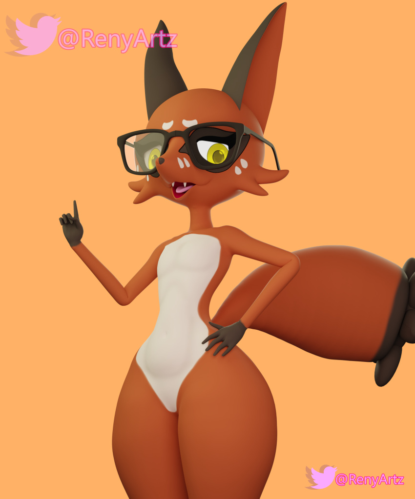 absurd_res anthro belly blender_(software) brown_body canid canine dialogue ears_up eyelashes eyewear fox generation_8_pokemon gesture girly glasses hi_res male mammal nickit nintendo open_mouth pecs pointing pokemon pokemon_(species) renyartz simple_background solo standing tail thick_thighs