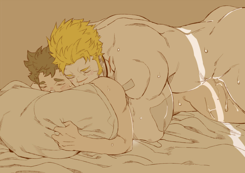 2boys anal bara bed blonde_hair blush brown_hair character_request closed_eyes completely_nude hinokumo_f jacob_(housamo) lying male_focus multiple_boys muscular muscular_male nude on_bed on_stomach pillow scar scar_on_face scar_on_nose sex short_hair tokyo_afterschool_summoners yaoi