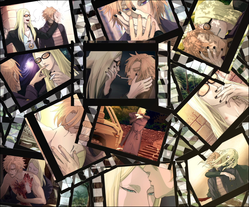 2boys black_coat blonde_hair blood blood_on_hands blue_eyes brown_hair cigarette cigarette_kiss closed_eyes coat couple daybit_sem_void fate/grand_order fate_(series) film_strip finger_to_another's_mouth galaxy hair_over_face hand_on_another's_cheek hand_on_another's_face hickey highres hiraitatogta hitting holding holding_cigarette implied_kiss kiss kissing_back kissing_cheek kissing_forehead kissing_hand long_hair multiple_boys orange-tinted_eyewear purple_eyes short_hair tezcatlipoca_(fate) tinted_eyewear topless_male yaoi
