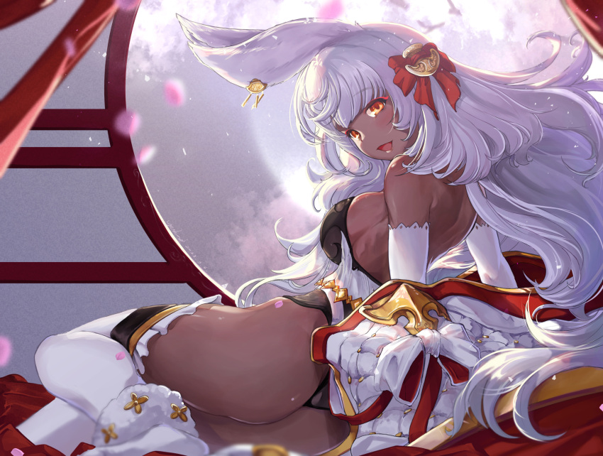 1girl animal_ears ass black_leotard breasts dark-skinned_female dark_skin elbow_gloves erune from_behind full_moon gloves granblue_fantasy grey_hair highres jinkou_tenshi large_breasts leotard long_hair looking_back lying makura_(granblue_fantasy) moon on_side orange_eyes petals rabbit_ears thighhighs white_thighhighs