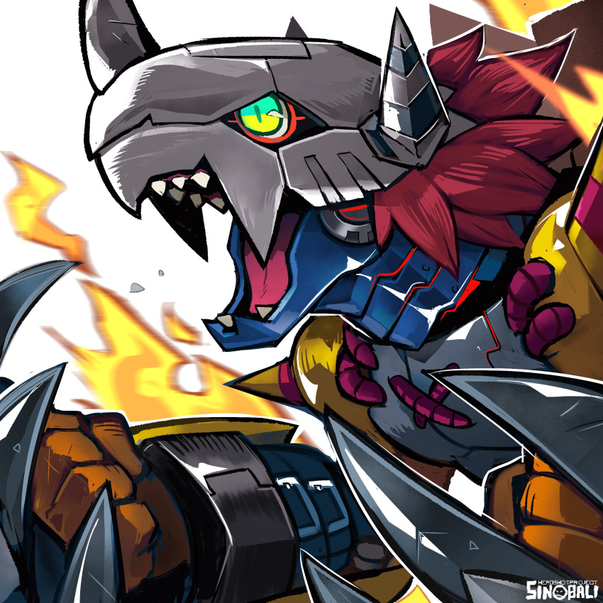 1other absurdres armor artist_name claws digimon digimon_(creature) green_eyes highres horns no_humans open_mouth sharp_teeth simple_background sinobali solo teeth upper_body wargreymon white_background