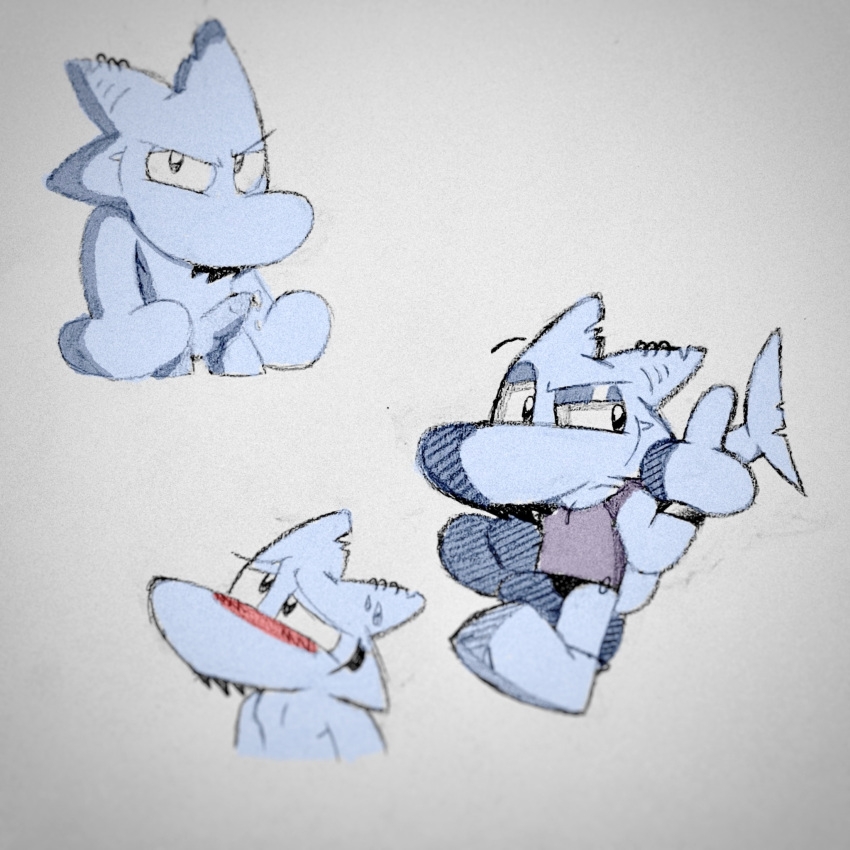 (character) anklet anthro beef_barley(artist) blue_body blue_skin blush bodily_fluids clothing cum ex: facial_hair fish genital_fluids gesture hi_res jewelry male male/male marine middle_finger piercing rex_the_shark shark solo speedo swimwear